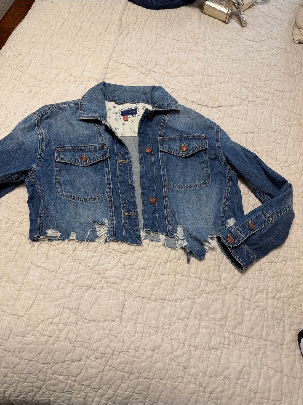 Pilcro Distressed Cropped Denim Jacket - Blue